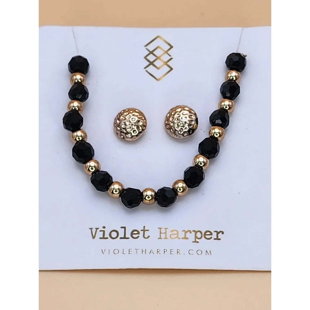 New VIOLET HARPER Signed Black & Gold Textured Necklace & Earrings Set FREE $HIP